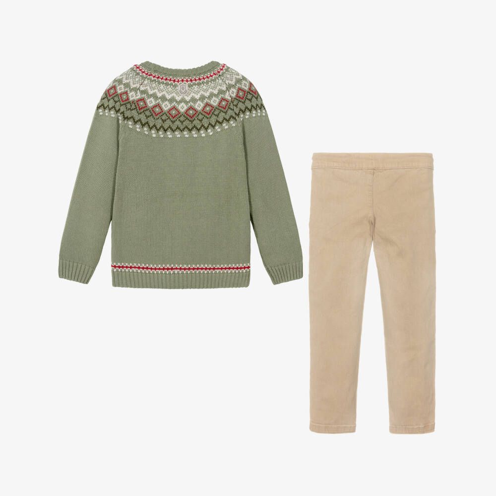 Tutto Piccolo-Boys Green Knit Sweater & Beige Twill Trouser Set | Childrensalon