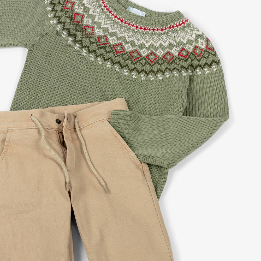Tutto Piccolo-Boys Green Knit Sweater & Beige Twill Trouser Set | Childrensalon
