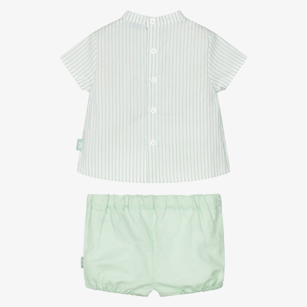 Tutto Piccolo-Boys Green Striped Cotton & Linen Shorts Set | Childrensalon
