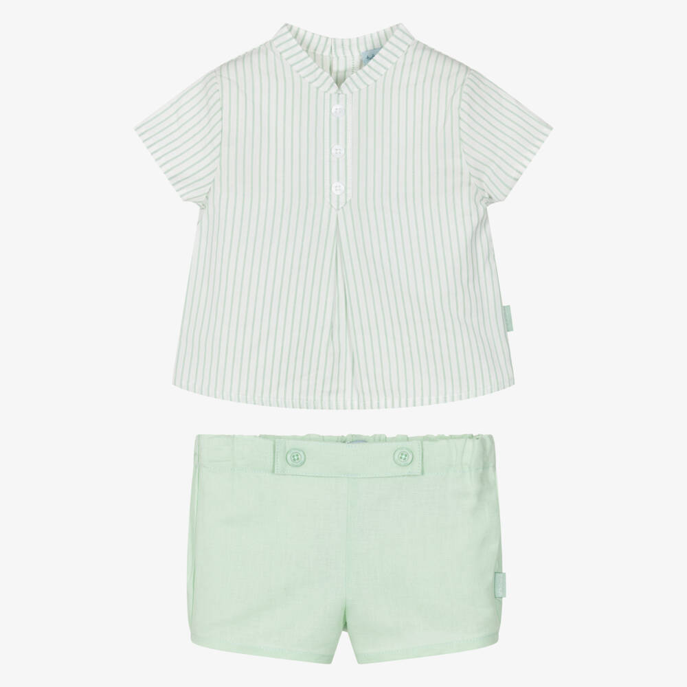 Tutto Piccolo-Boys Green Striped Cotton & Linen Shorts Set | Childrensalon