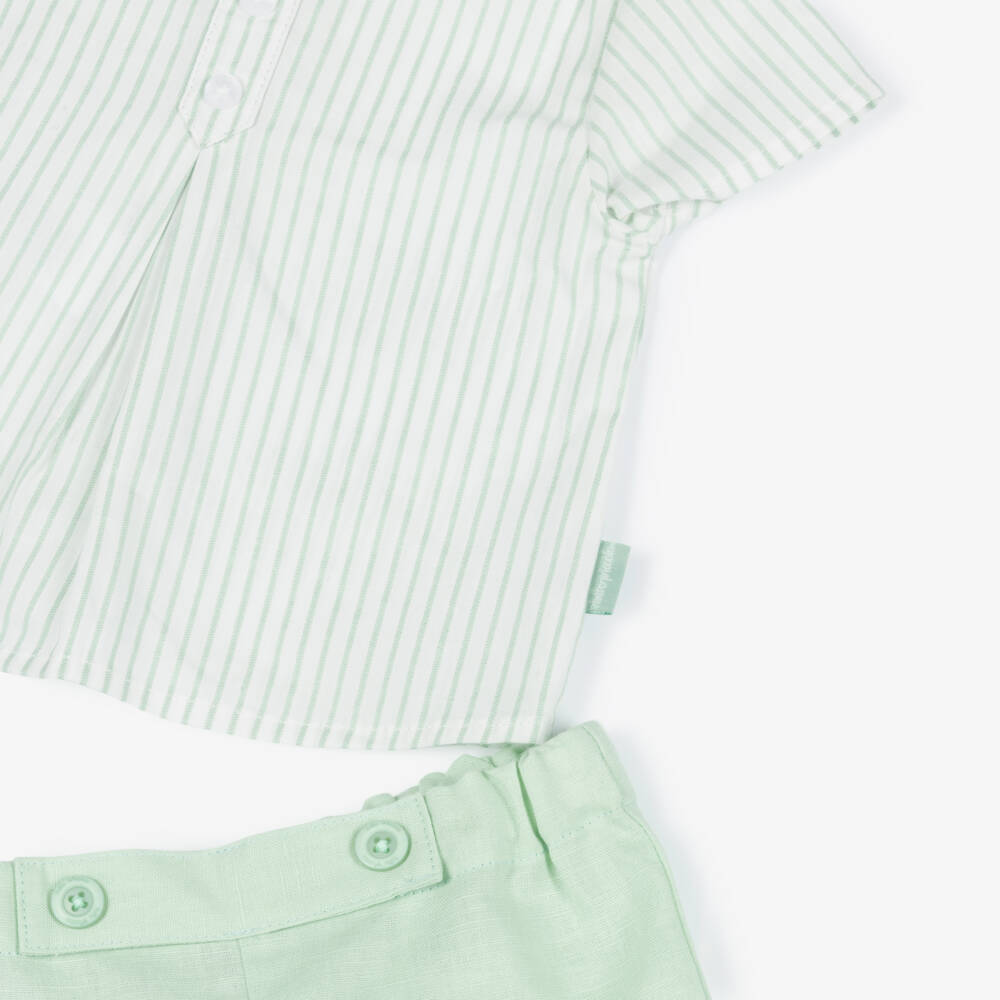 Tutto Piccolo-Boys Green Striped Cotton & Linen Shorts Set | Childrensalon