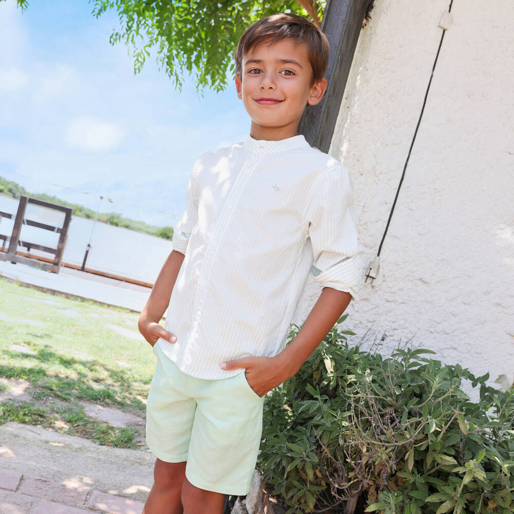 Tutto Piccolo-Boys Green Striped Shirt & Shorts Set | Childrensalon