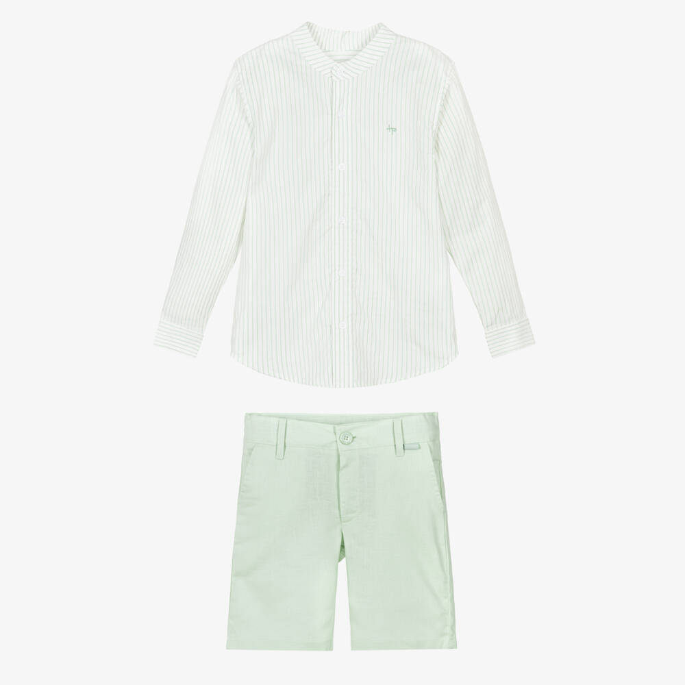 Tutto Piccolo-Boys Green Striped Shirt & Shorts Set | Childrensalon