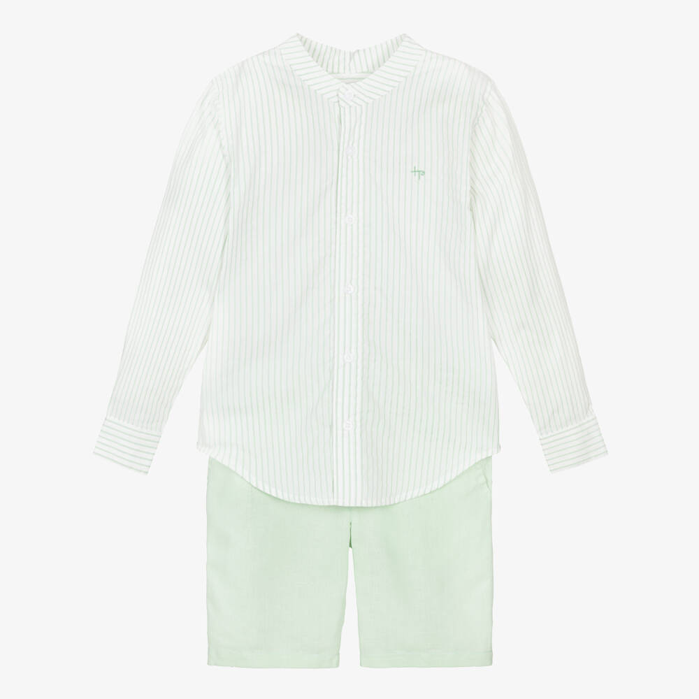 Tutto Piccolo-Boys Green Striped Shirt & Shorts Set | Childrensalon