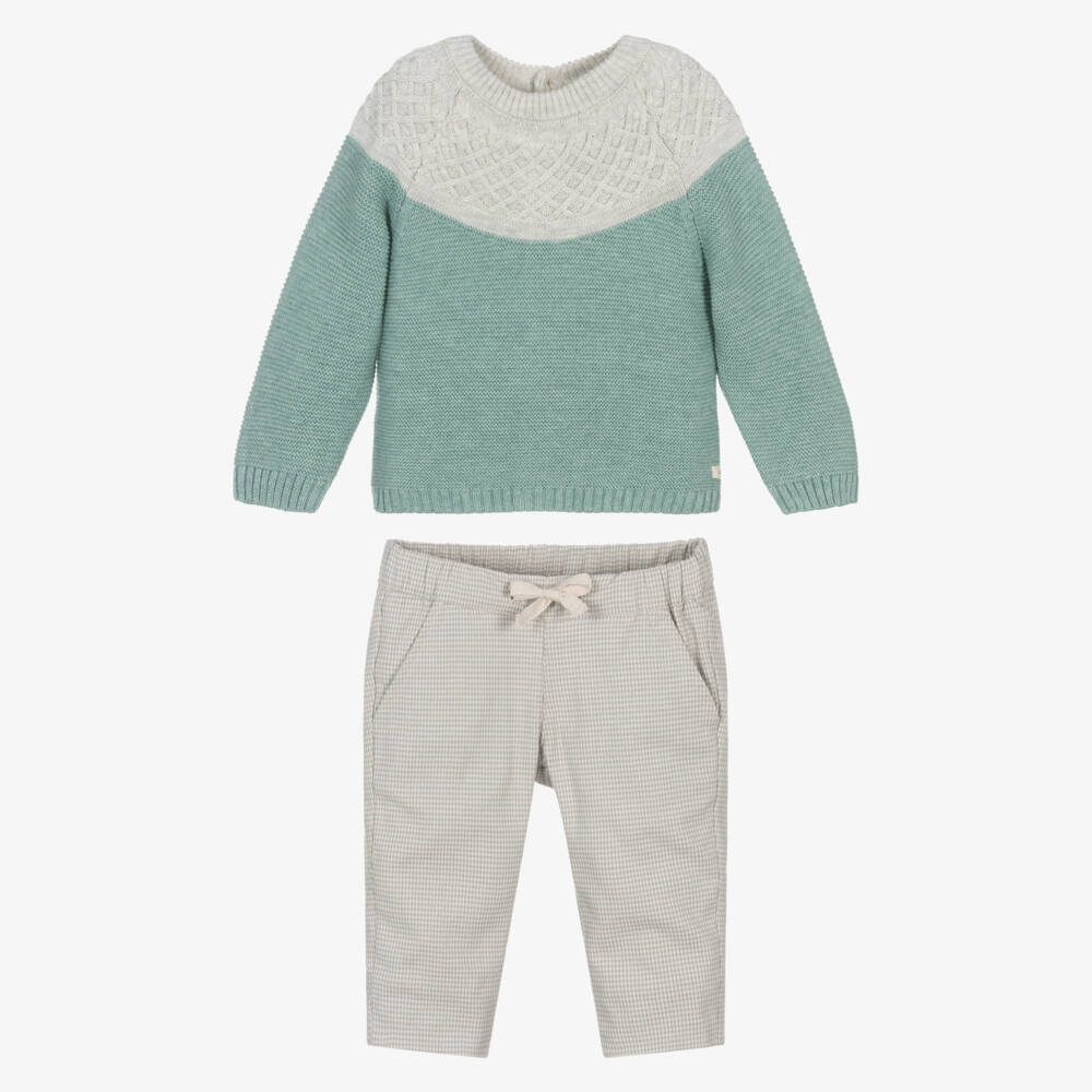 Tutto Piccolo-Boys Green Sweater & Beige Houndstooth Trouser Set | Childrensalon