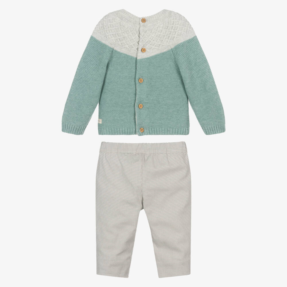 Tutto Piccolo-Boys Green Sweater & Beige Houndstooth Trouser Set | Childrensalon