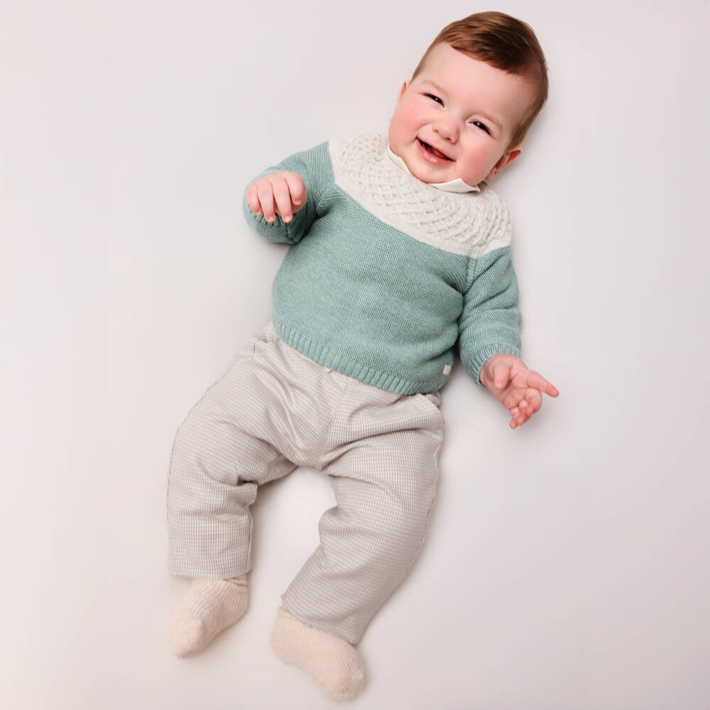 Tutto Piccolo-Boys Green Sweater & Beige Houndstooth Trouser Set | Childrensalon