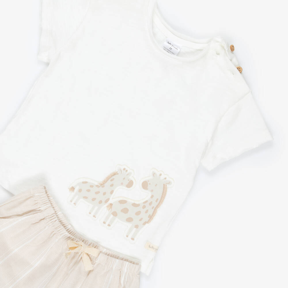 Tutto Piccolo-Boys Ivory & Beige Cotton Giraffe Motif Shorts Set | Childrensalon