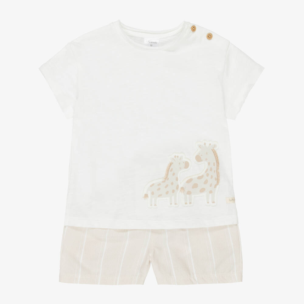 Tutto Piccolo-Boys Ivory & Beige Cotton Giraffe Motif Shorts Set | Childrensalon