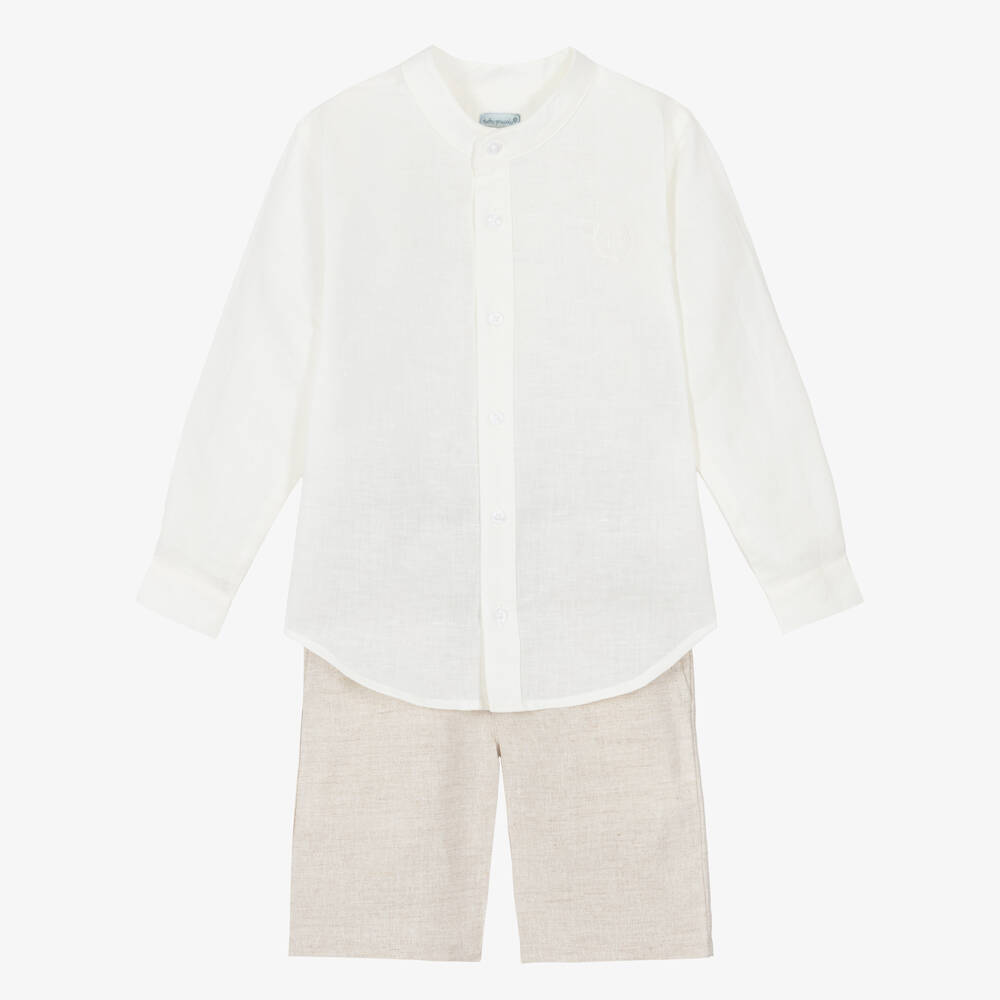 Tutto Piccolo-Boys Ivory & Beige Linen Blend Shirt & Shorts Set | Childrensalon