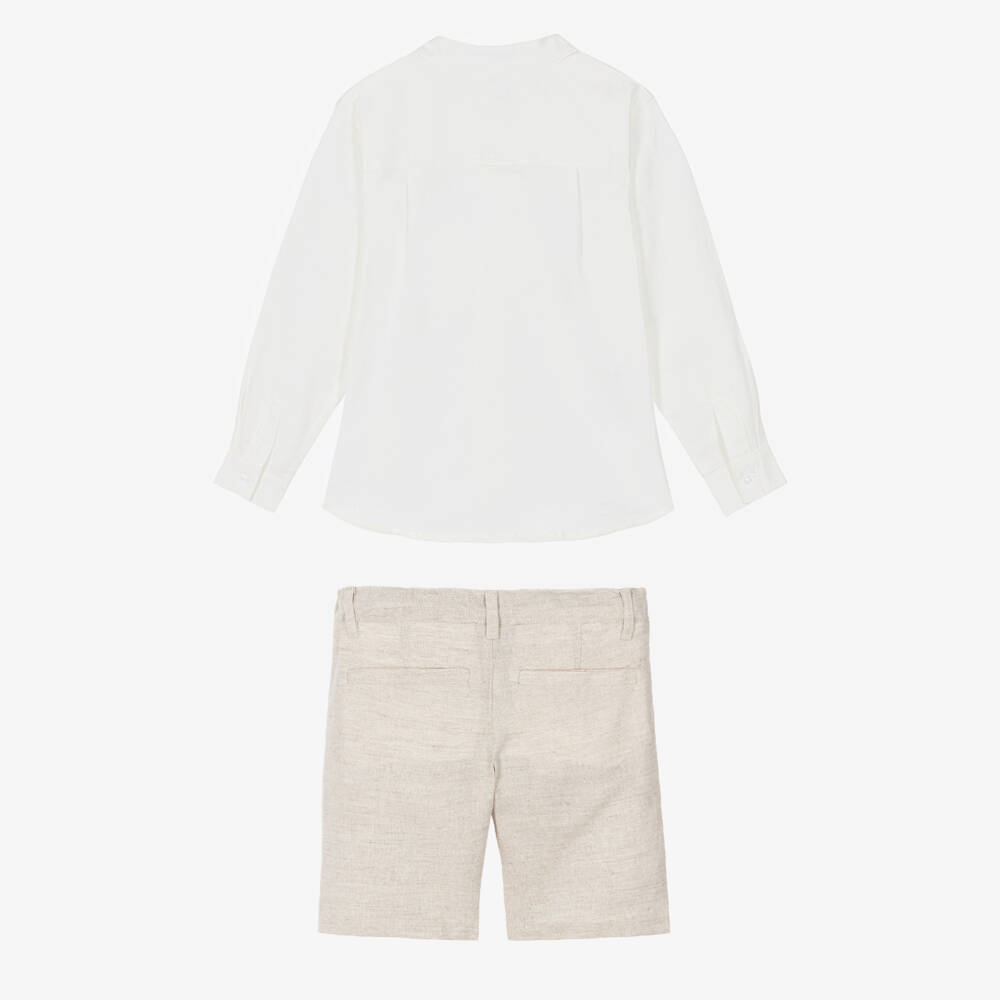 Tutto Piccolo-Boys Ivory & Beige Linen Blend Shirt & Shorts Set | Childrensalon