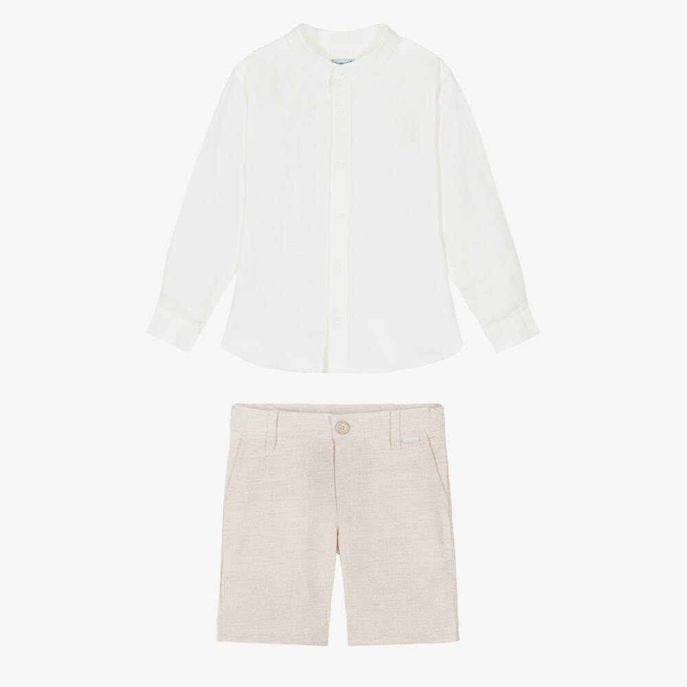 Tutto Piccolo-Boys Ivory & Beige Linen Blend Shirt & Shorts Set | Childrensalon