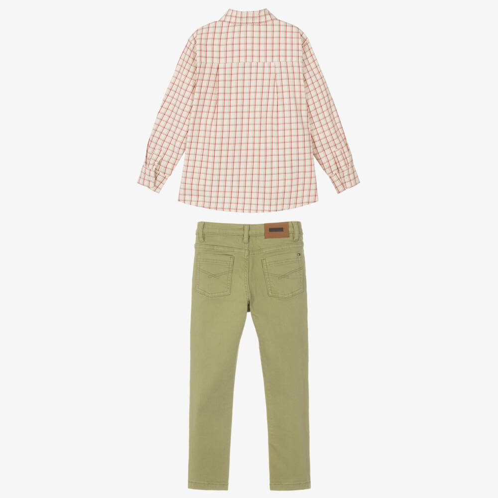 Tutto Piccolo-Boys Ivory Check Shirt & Green Trouser Set | Childrensalon