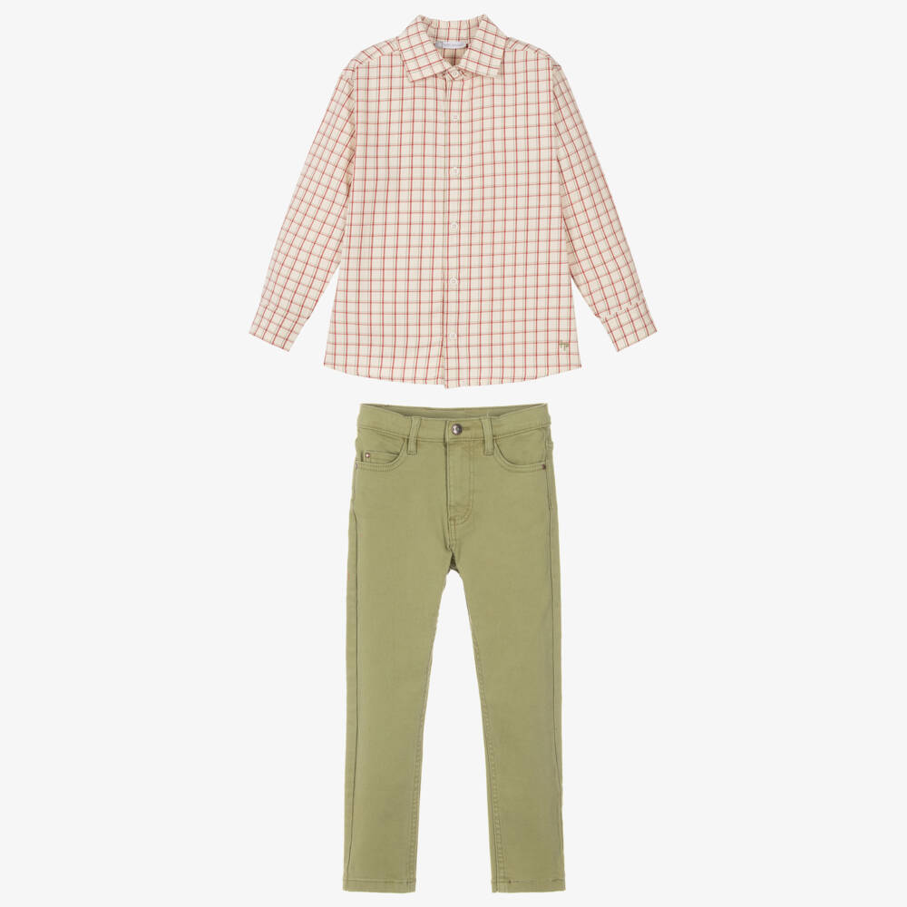 Tutto Piccolo-Boys Ivory Check Shirt & Green Trouser Set | Childrensalon