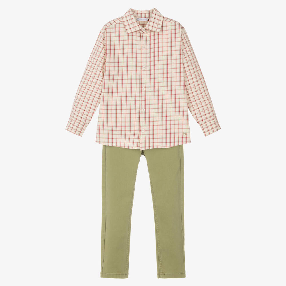 Tutto Piccolo-Boys Ivory Check Shirt & Green Trouser Set | Childrensalon