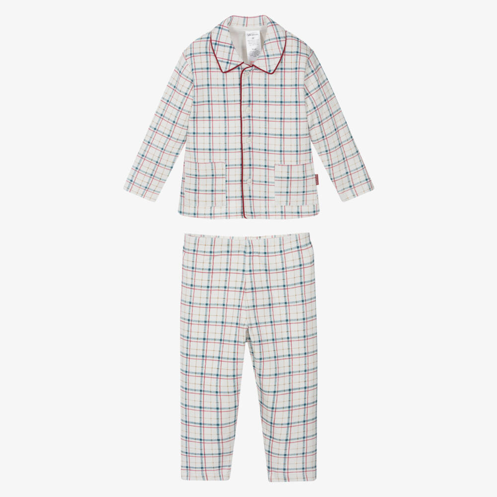 Tutto Piccolo- Boys Ivory Cotton Jersey Pyjamas with Red & Blue Check | Childrensalon