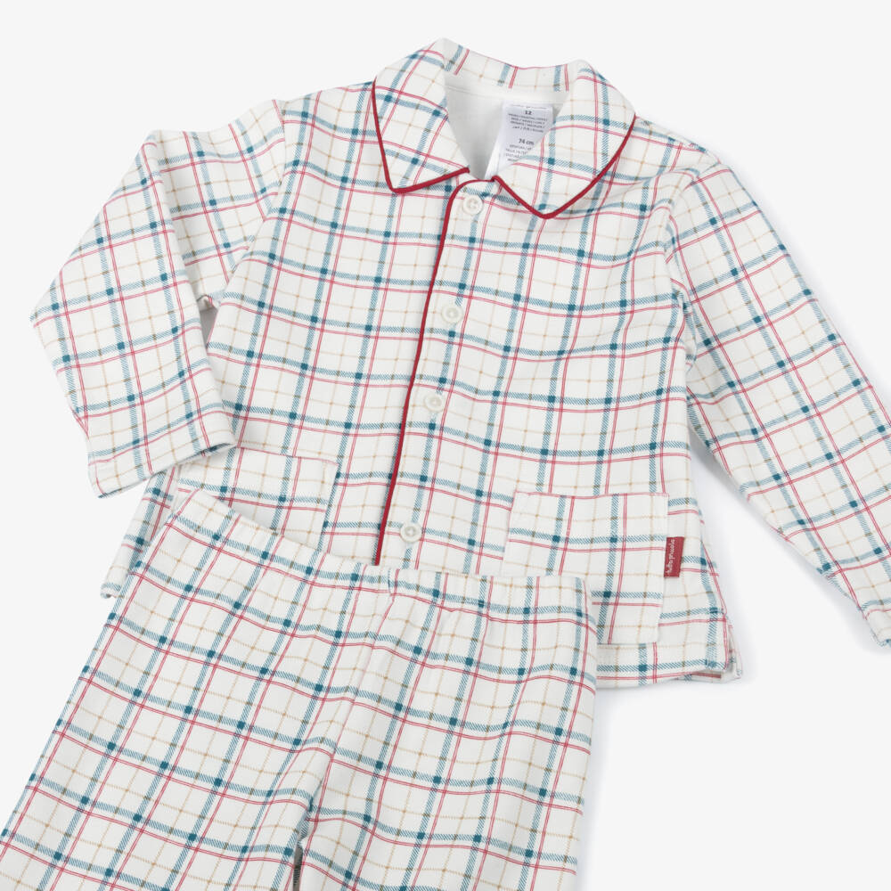 Tutto Piccolo- Boys Ivory Cotton Jersey Pyjamas with Red & Blue Check | Childrensalon