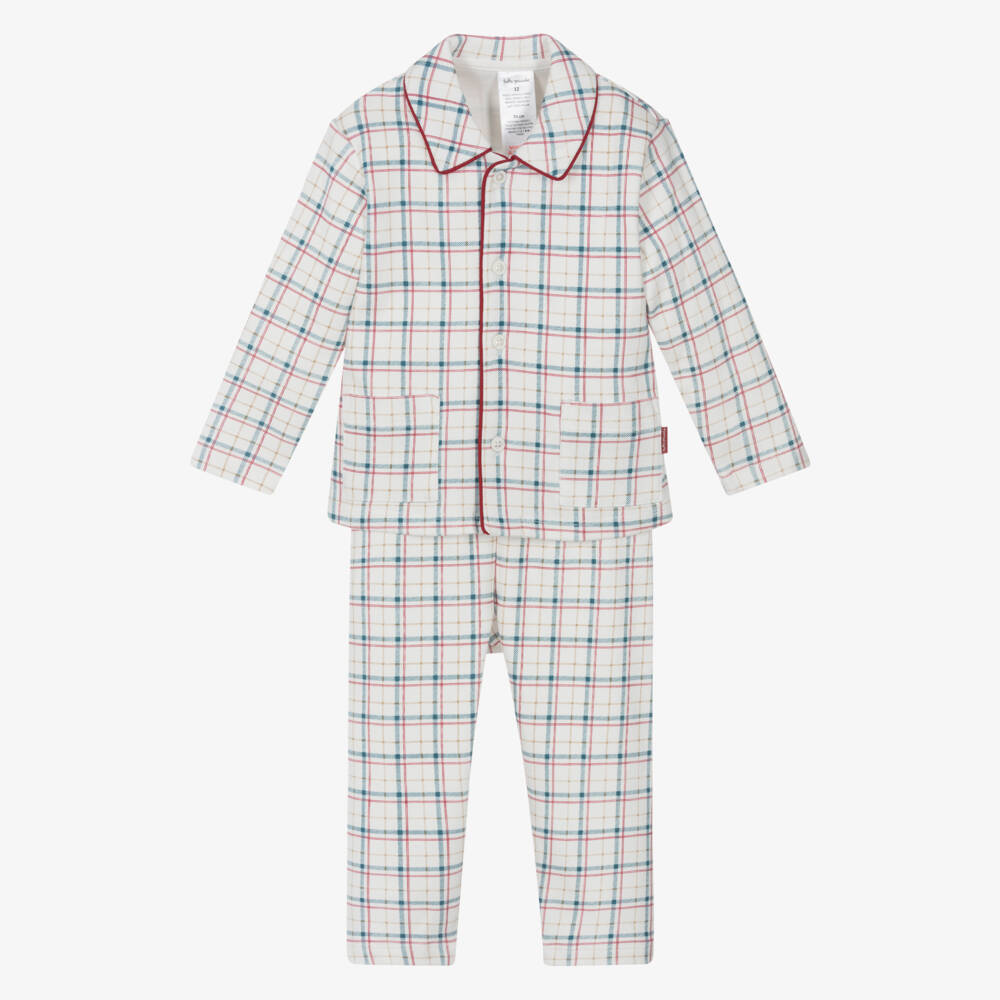 Tutto Piccolo- Boys Ivory Cotton Jersey Pyjamas with Red & Blue Check | Childrensalon