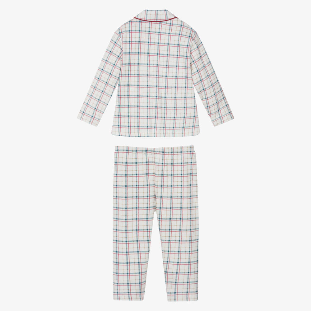 Tutto Piccolo- Boys Ivory Cotton Jersey Pyjamas with Red & Blue Check | Childrensalon