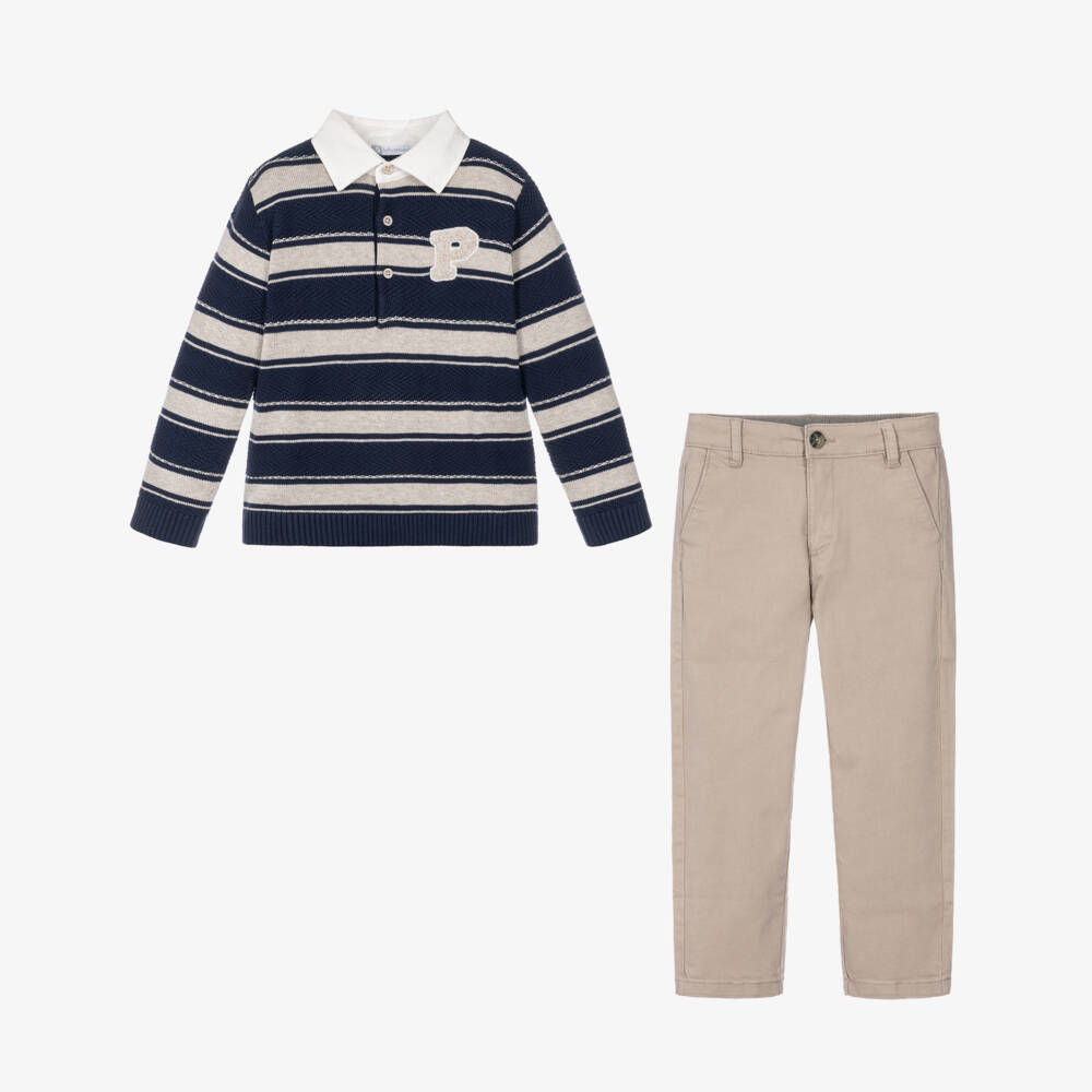 Tutto Piccolo-Boys Navy Blue & Beige Striped Sweater & Trouser Set | Childrensalon