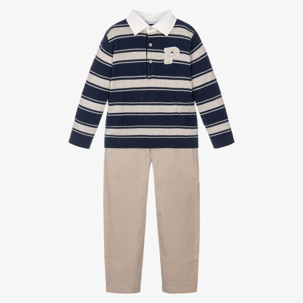 Tutto Piccolo-Boys Navy Blue & Beige Striped Sweater & Trouser Set | Childrensalon