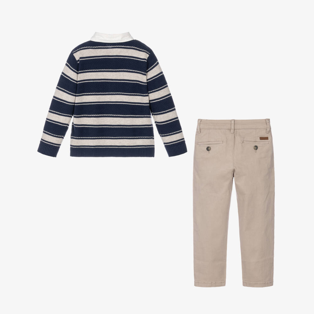 Tutto Piccolo-Boys Navy Blue & Beige Striped Sweater & Trouser Set | Childrensalon