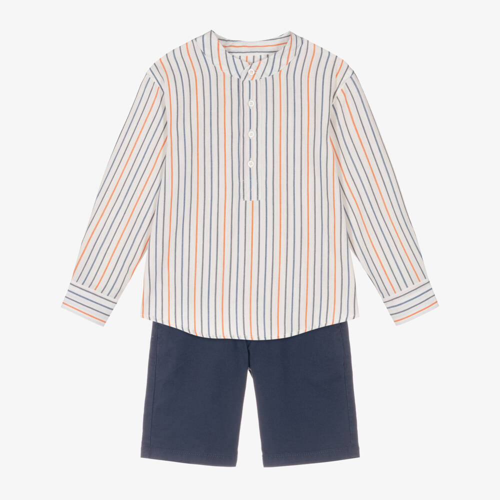 Tutto Piccolo-Boys Navy Blue Stripe Shirt & Shorts Set | Childrensalon