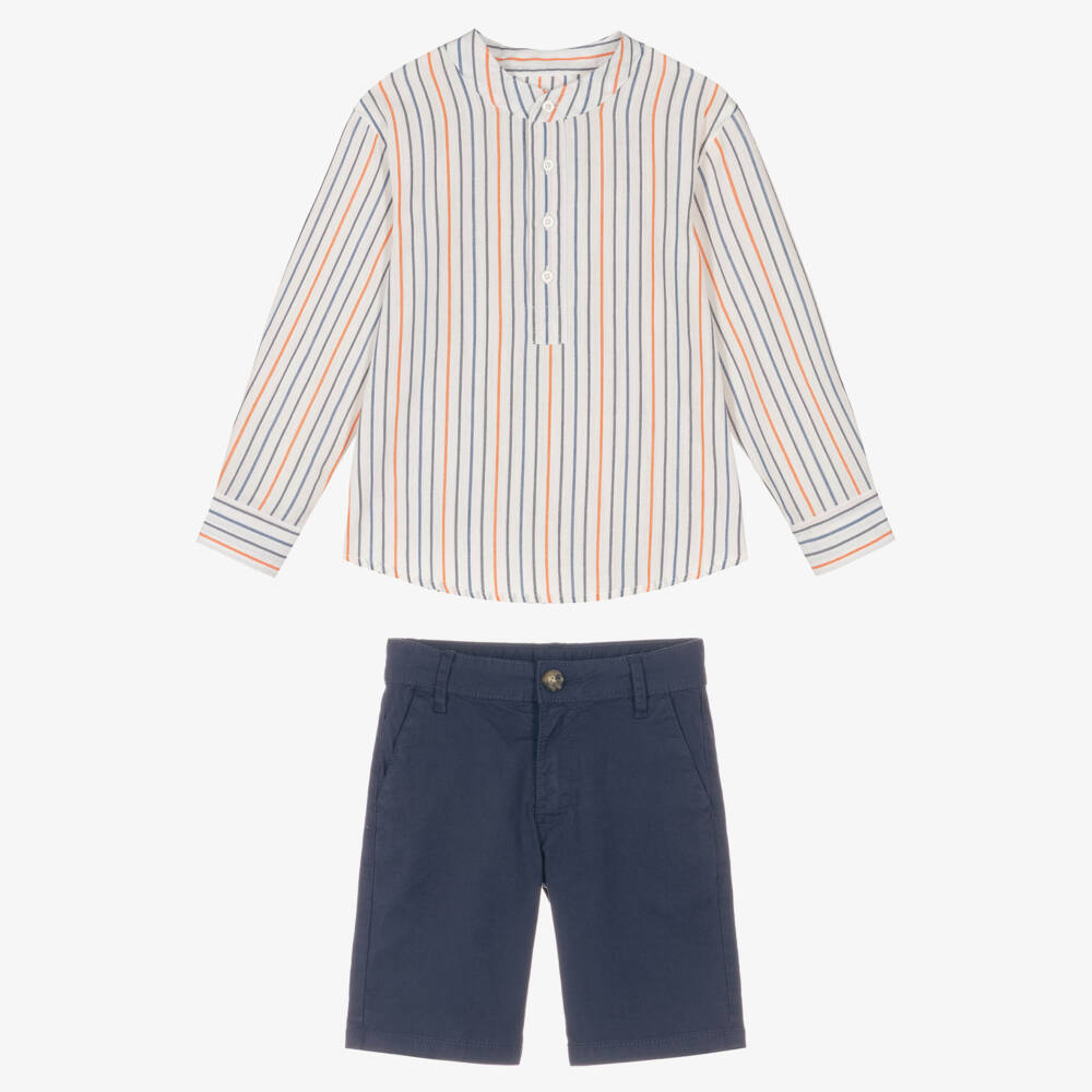 Tutto Piccolo-Boys Navy Blue Stripe Shirt & Shorts Set | Childrensalon