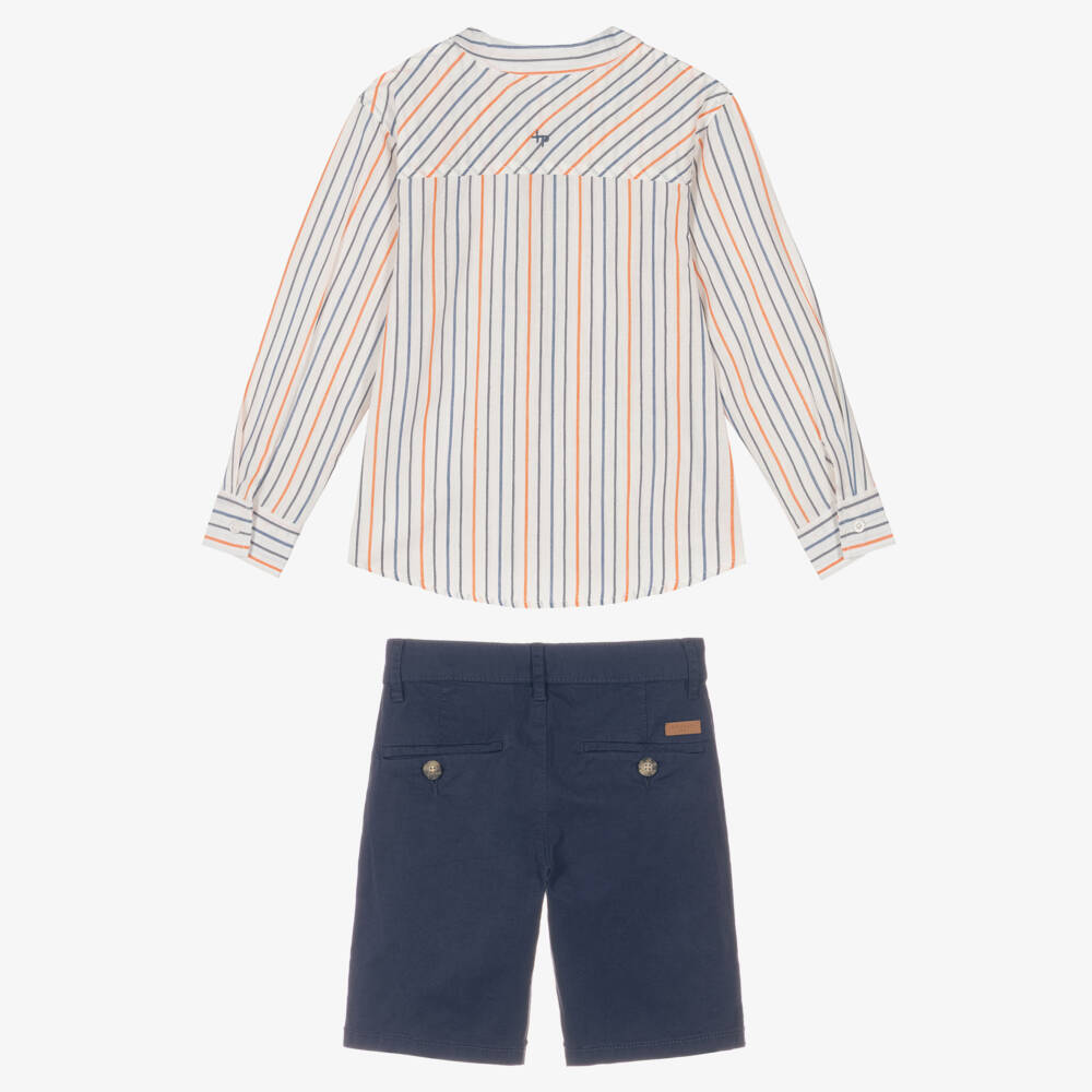 Tutto Piccolo-Boys Navy Blue Stripe Shirt & Shorts Set | Childrensalon