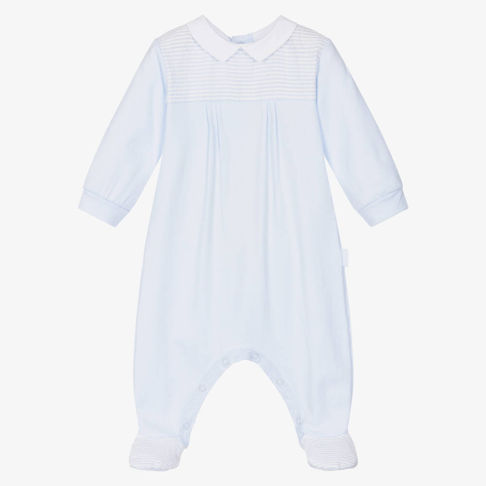 Tutto Piccolo-Boys Pale Blue Cotton Babygrow with White Collar | Childrensalon