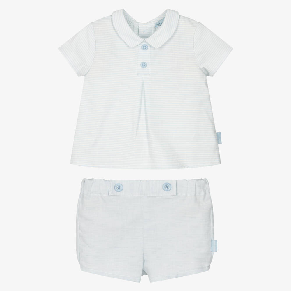 Tutto Piccolo-Boys Pale Blue Stripe Cotton & Linen Shorts Set | Childrensalon