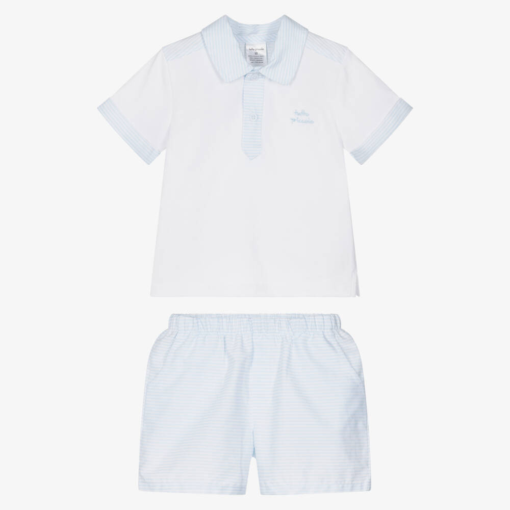 Tutto Piccolo-Boys Pale Blue & White Striped Cotton Shorts Set | Childrensalon