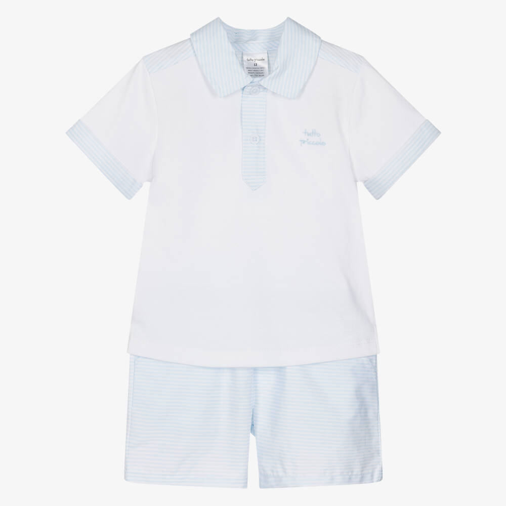 Tutto Piccolo-Boys Pale Blue & White Striped Cotton Shorts Set | Childrensalon