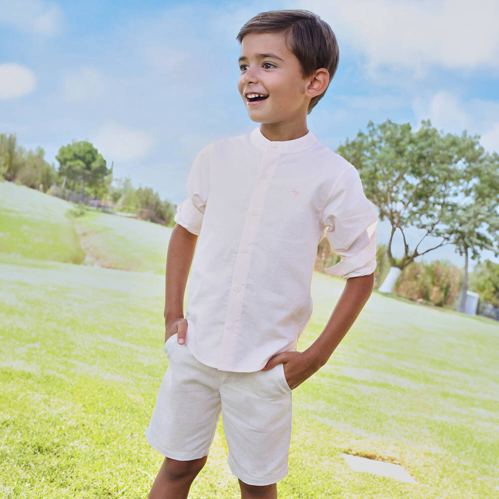 Tutto Piccolo-Boys Pink Stripe Shirt & Beige Shorts Set | Childrensalon