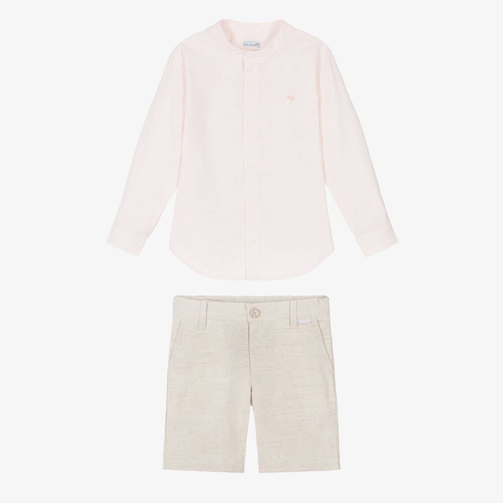 Tutto Piccolo-Boys Pink Stripe Shirt & Beige Shorts Set | Childrensalon