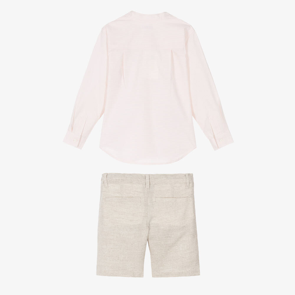 Tutto Piccolo-Boys Pink Stripe Shirt & Beige Shorts Set | Childrensalon