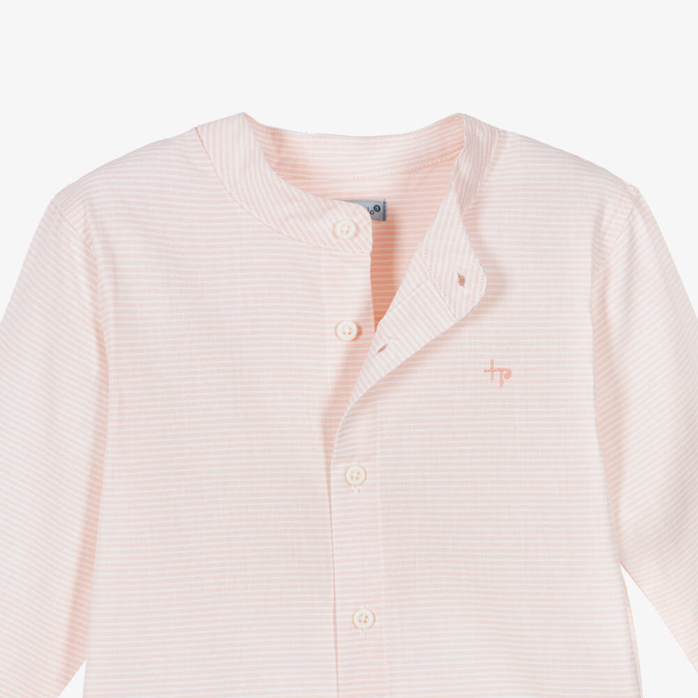 Tutto Piccolo-Boys Pink Stripe Shirt & Beige Shorts Set | Childrensalon