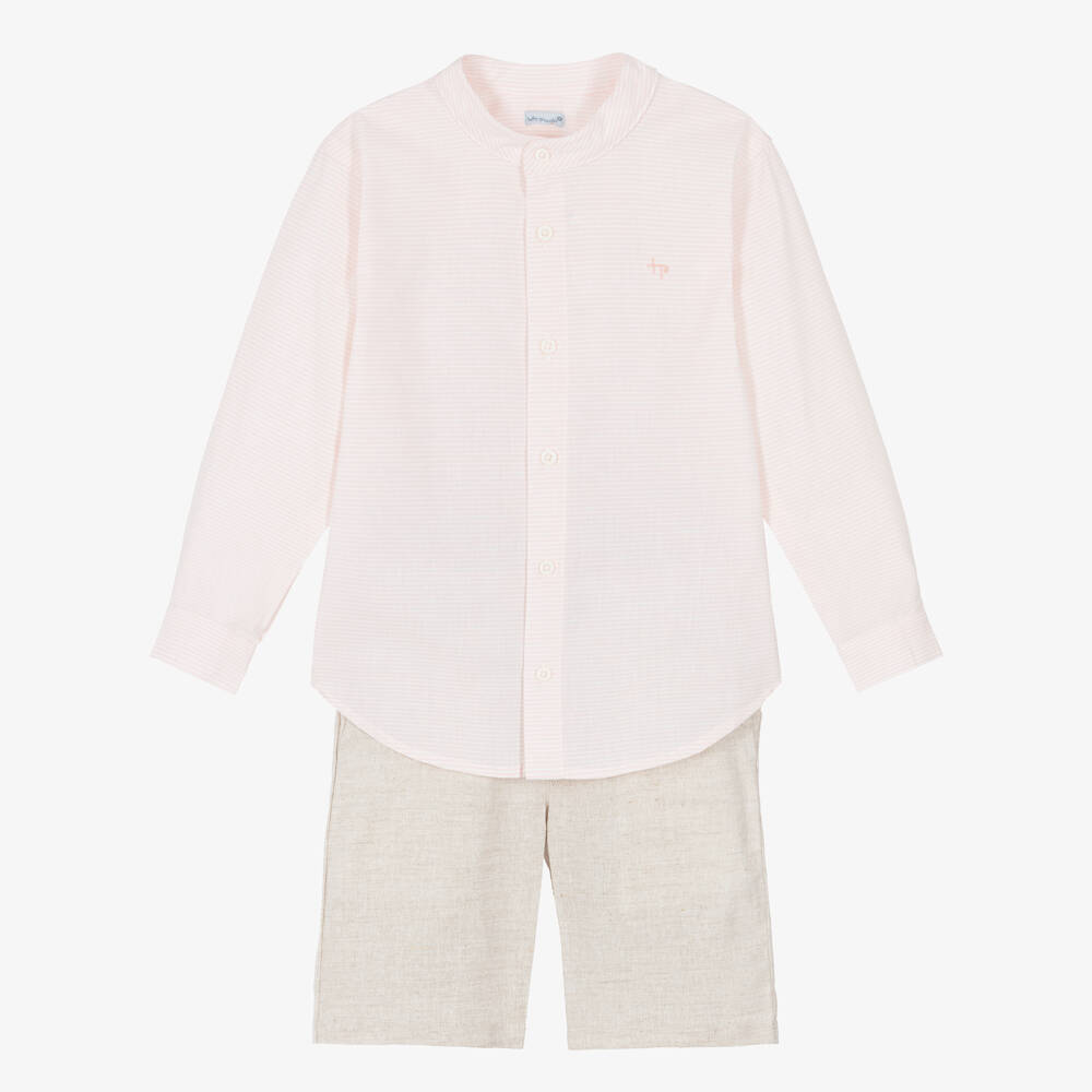 Tutto Piccolo-Boys Pink Stripe Shirt & Beige Shorts Set | Childrensalon