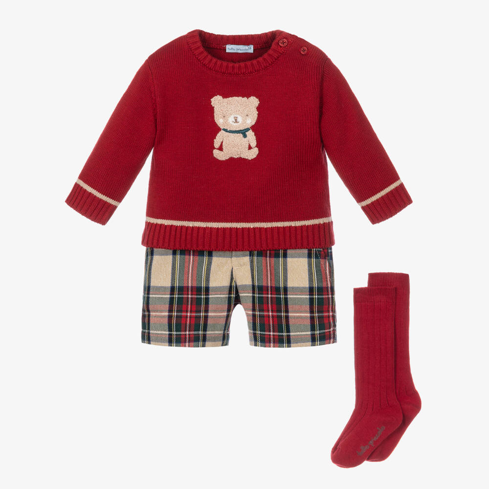 Tutto Piccolo-Boys Red Knit Sweater & Tartan Shorts Set | Childrensalon