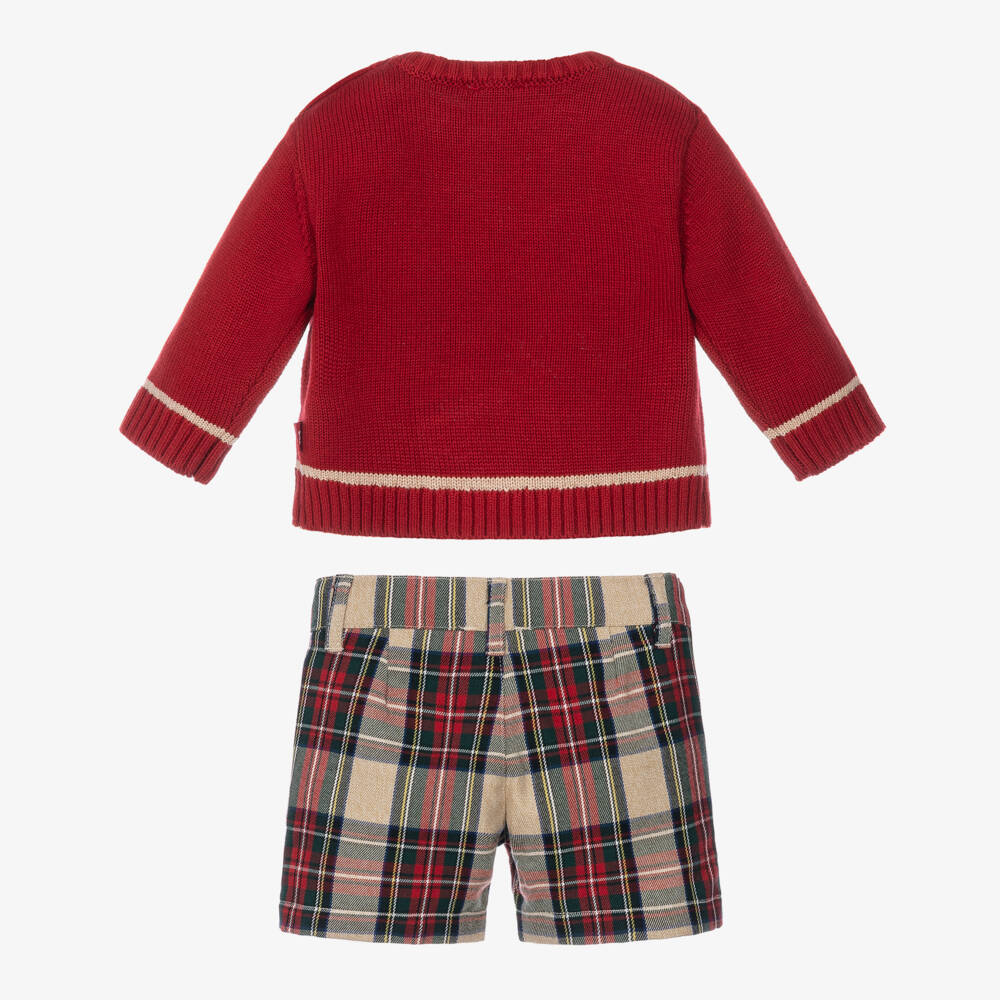 Tutto Piccolo-Boys Red Knit Sweater & Tartan Shorts Set | Childrensalon