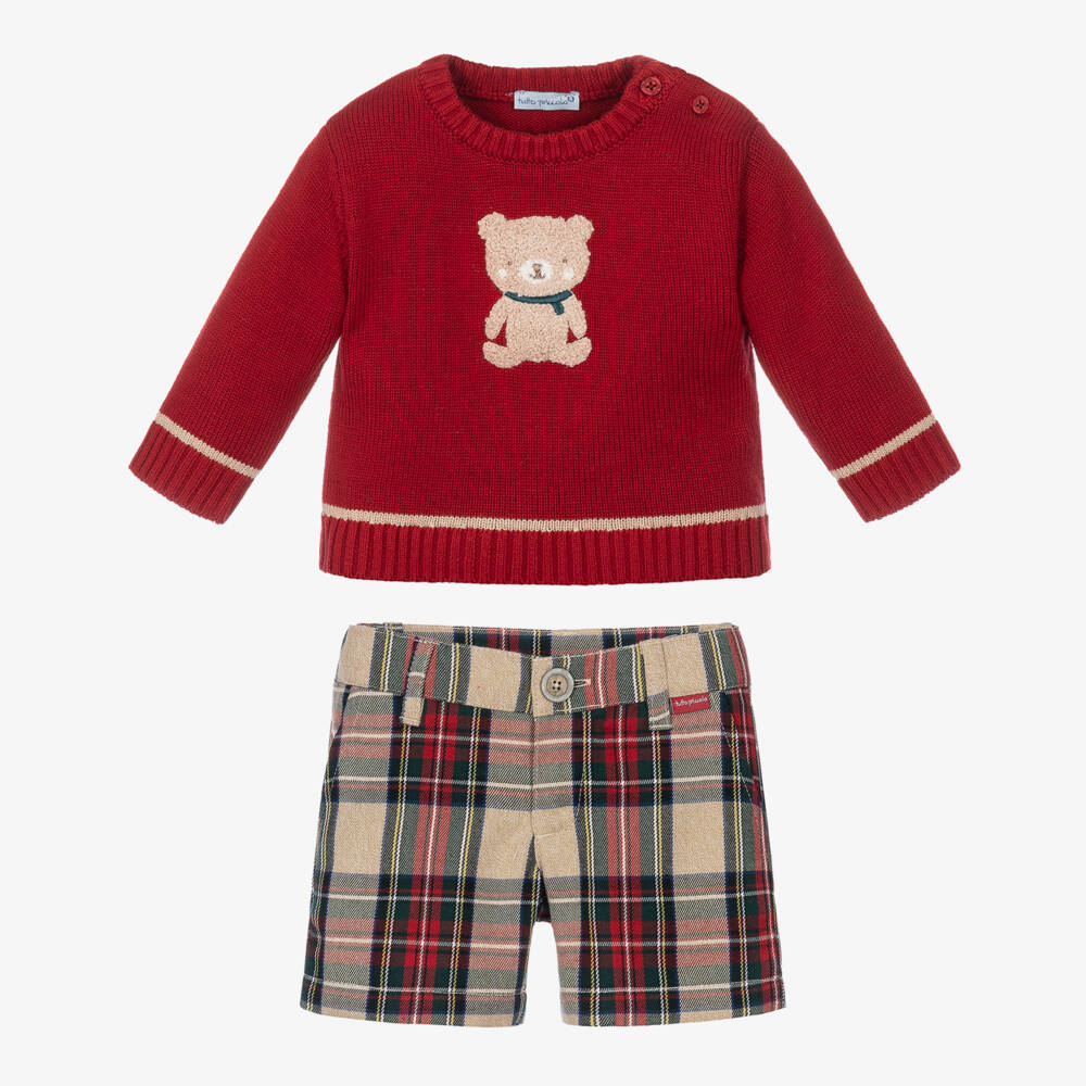 Tutto Piccolo-Boys Red Knit Sweater & Tartan Shorts Set | Childrensalon