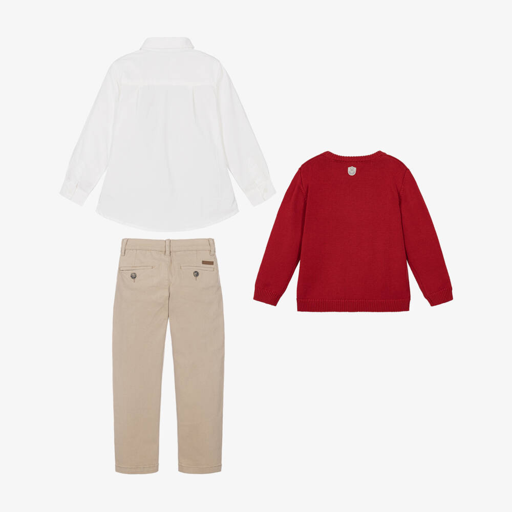 Tutto Piccolo-Boys Red Sweater & Beige Twill Trouser Set | Childrensalon