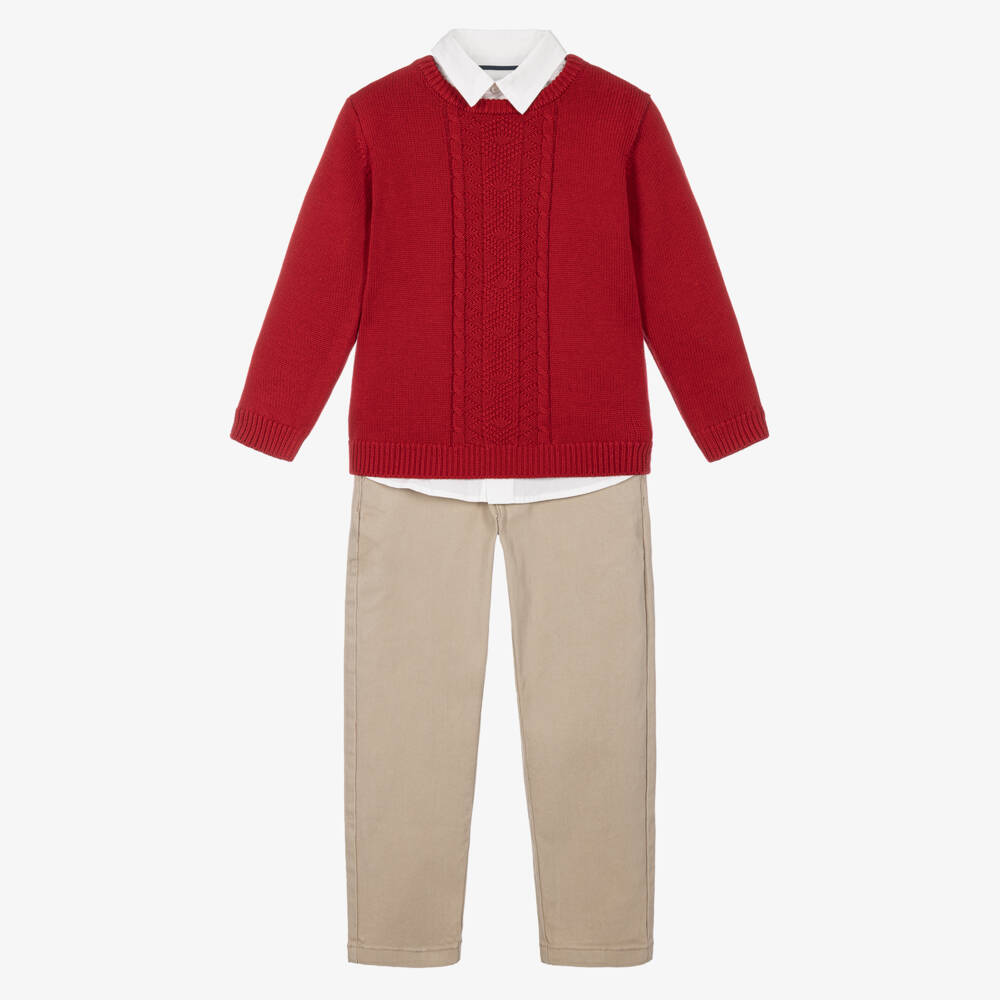 Tutto Piccolo-Boys Red Sweater & Beige Twill Trouser Set | Childrensalon