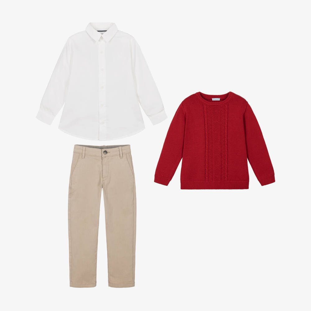 Tutto Piccolo-Boys Red Sweater & Beige Twill Trouser Set | Childrensalon