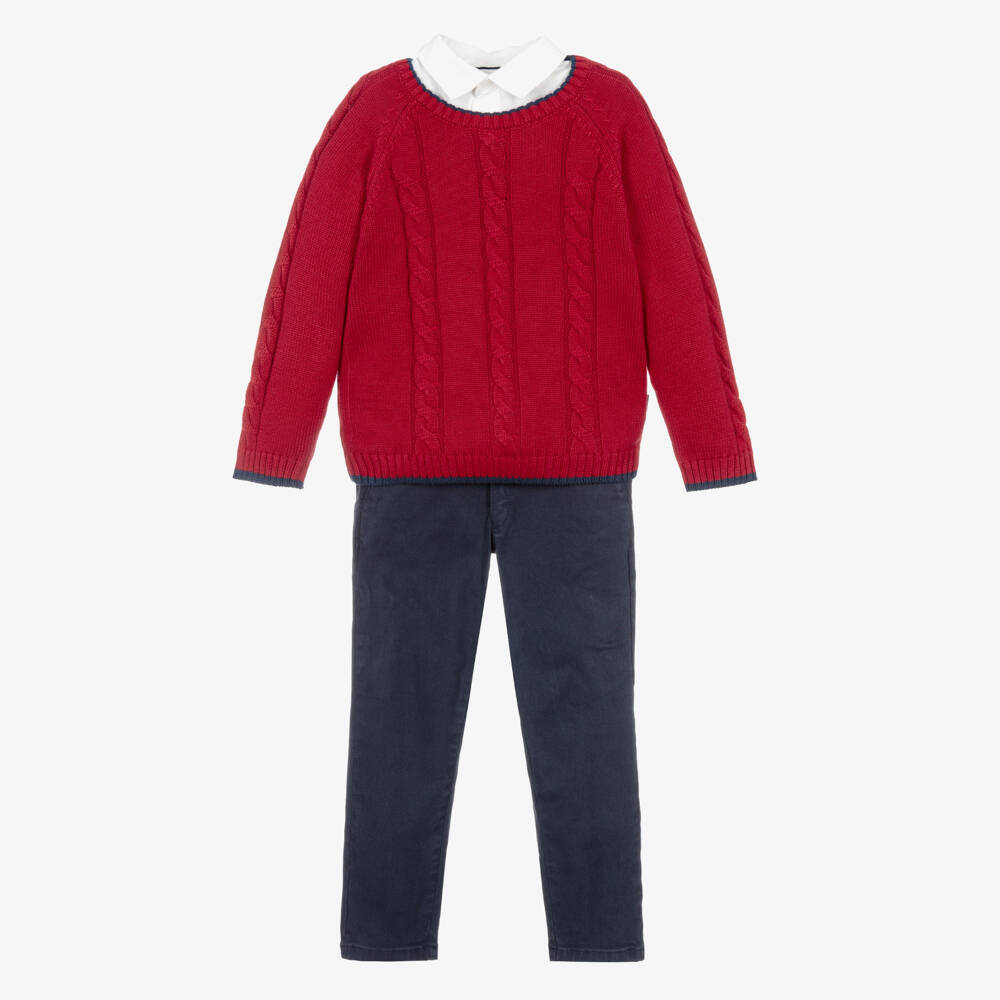 Tutto Piccolo-Boys Red Sweater & Navy Blue Twill Trouser Set | Childrensalon