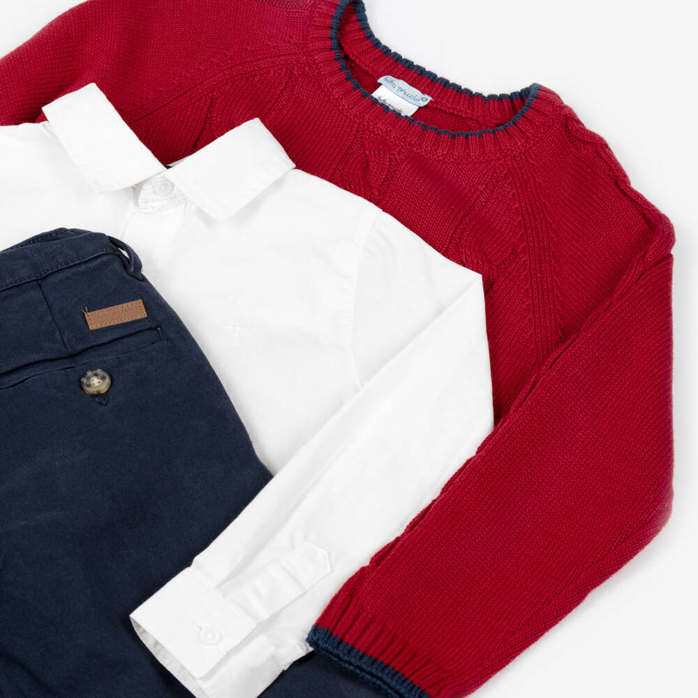 Tutto Piccolo-Boys Red Sweater & Navy Blue Twill Trouser Set | Childrensalon