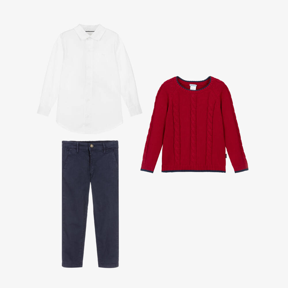Tutto Piccolo-Boys Red Sweater & Navy Blue Twill Trouser Set | Childrensalon