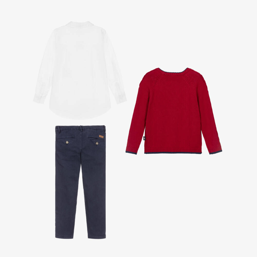 Tutto Piccolo-Boys Red Sweater & Navy Blue Twill Trouser Set | Childrensalon