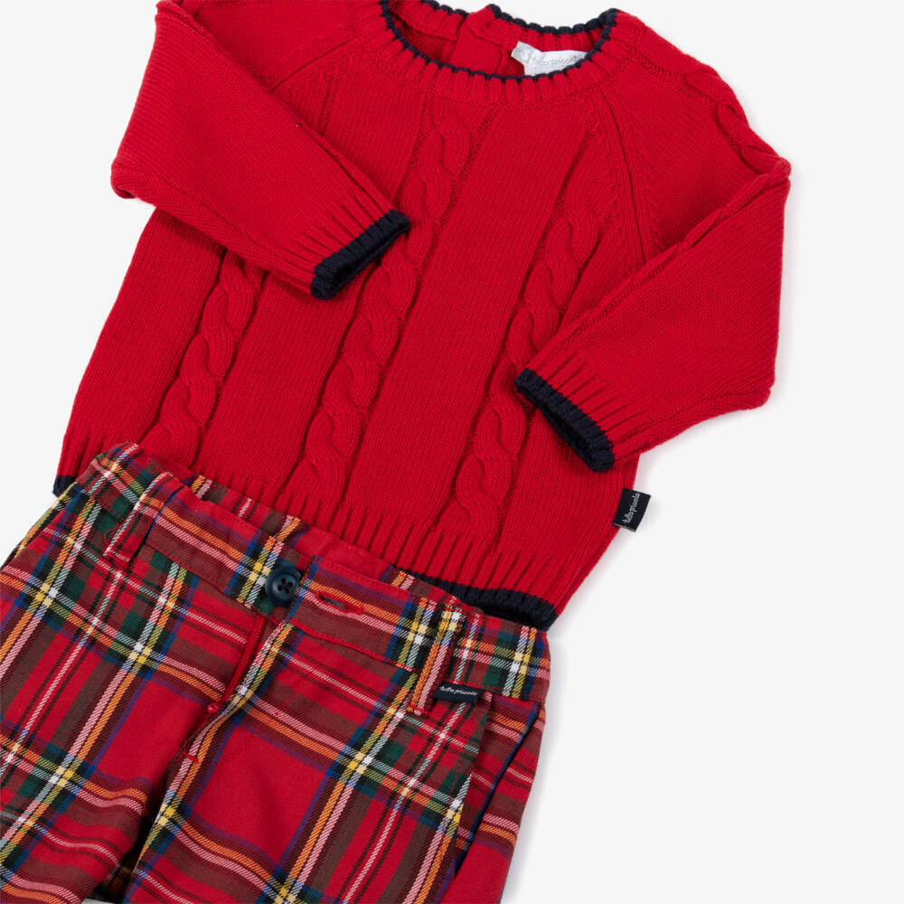 Tutto Piccolo-طقم شورت تارتان وبلوفر لون أحمر للأولاد | Childrensalon