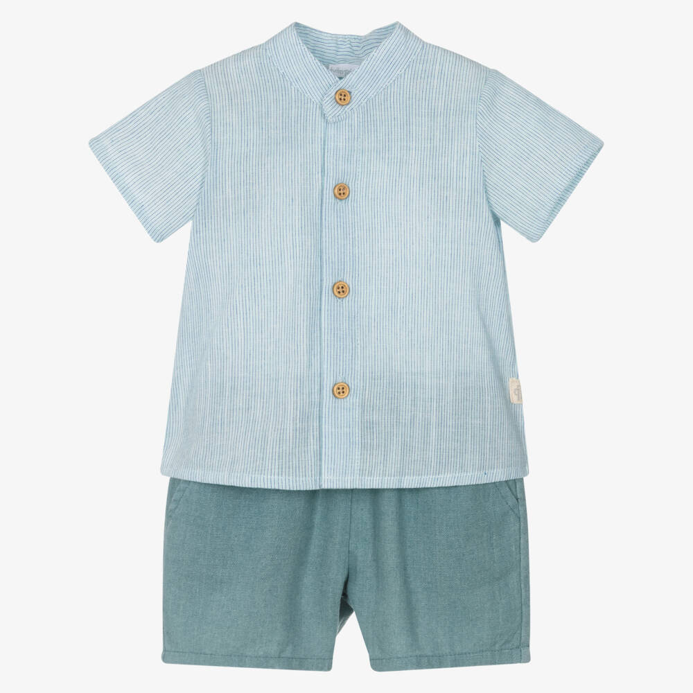 Tutto Piccolo-Boys Teal Blue Cotton Striped Shirt & Shorts Set | Childrensalon